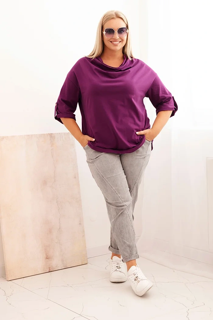 Bluzka damska Plus Size z bawełną o luźnym kroju z dekoltem wodnym ciemno fioletowa - obrazek 2