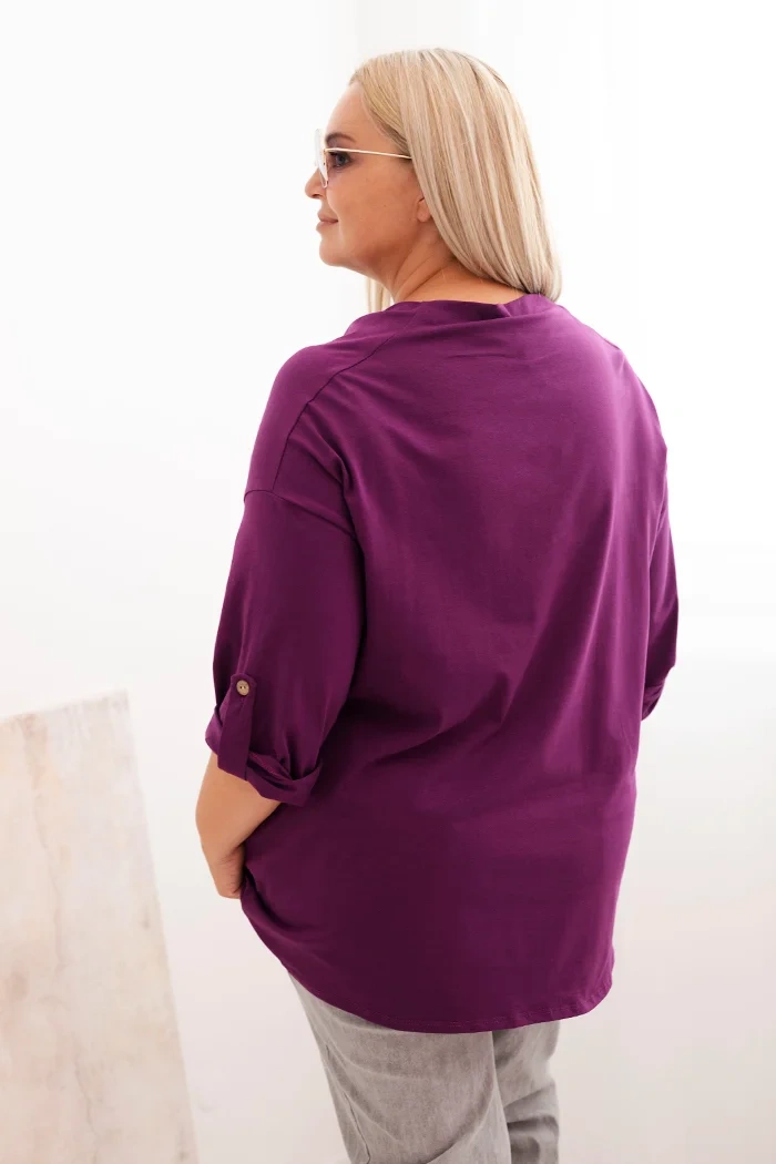 Bluzka damska Plus Size z bawełną o luźnym kroju z dekoltem wodnym ciemno fioletowa - obrazek 3