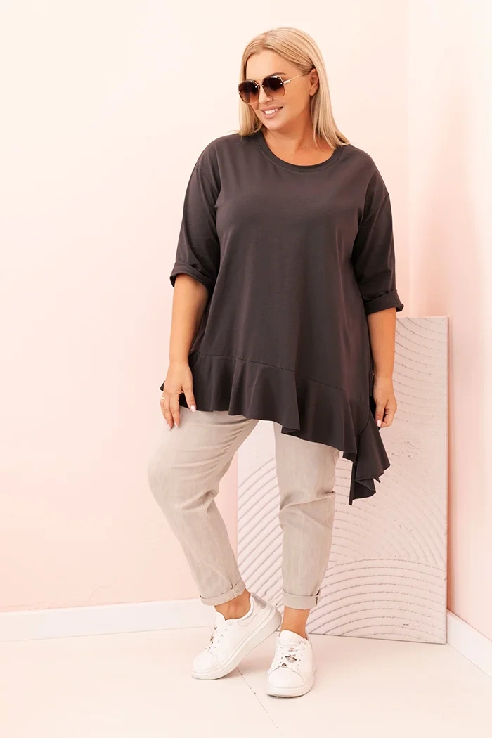 Bluzka damska Plus Size z bawełną z falbaną i rękawem podwijanym grafitowa - obrazek 2