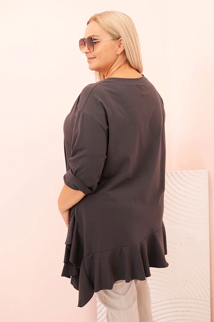 Bluzka damska Plus Size z bawełną z falbaną i rękawem podwijanym grafitowa - obrazek 3