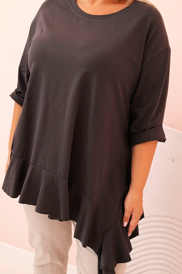 Bluzka damska Plus Size z bawełną z falbaną i rękawem podwijanym grafitowa - obrazek 4