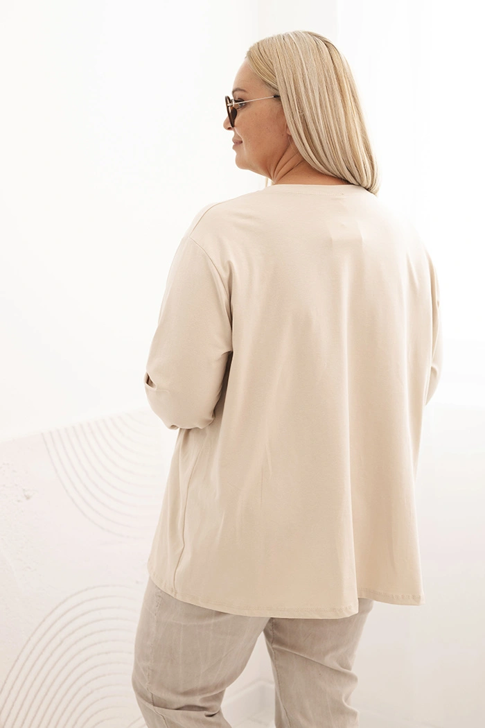 Bluzka damska plus size z bawełną z długim rękawem i marszczeniem beżowa - obrazek 3