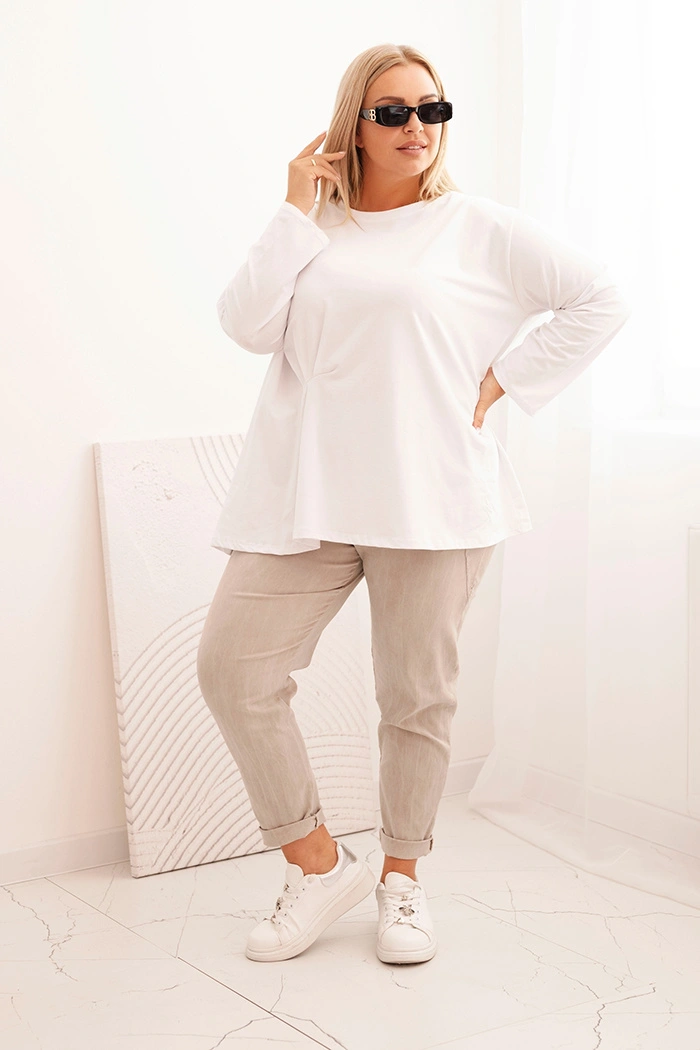 Bluzka damska plus size z bawełną z długim rękawem i marszczeniem biała - obrazek 2