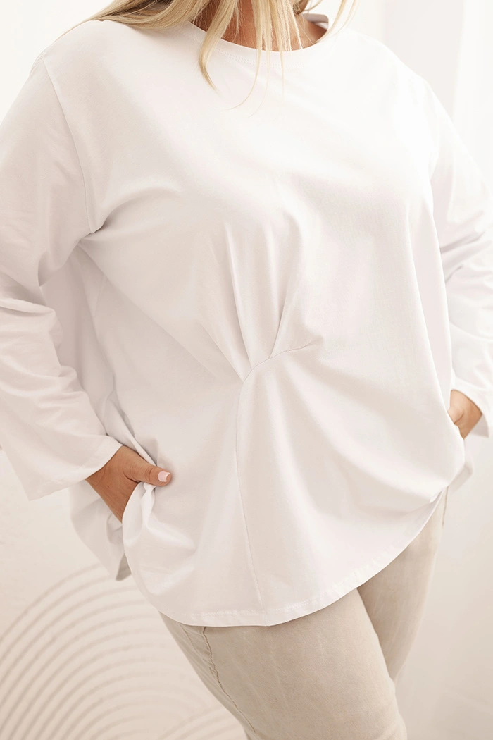 Bluzka damska plus size z bawełną z długim rękawem i marszczeniem biała - obrazek 4