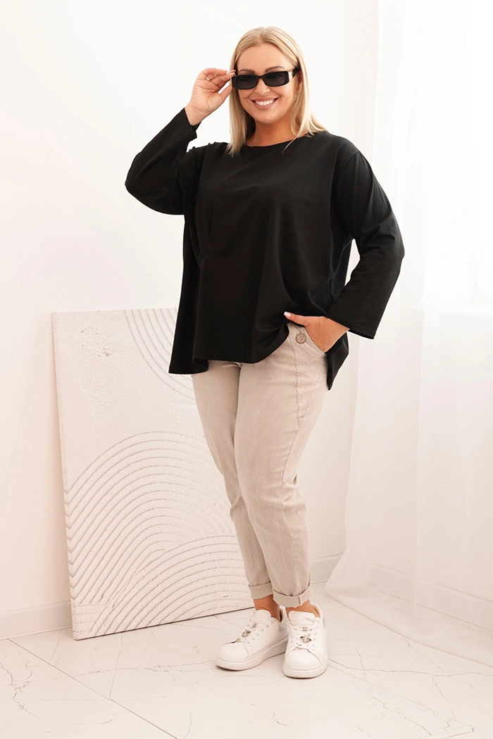 Bluzka damska plus size z bawełną z długim rękawem i marszczeniem czarna - obrazek 2