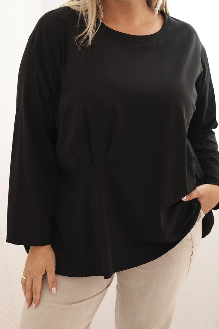 Bluzka damska plus size z bawełną z długim rękawem i marszczeniem czarna - obrazek 4