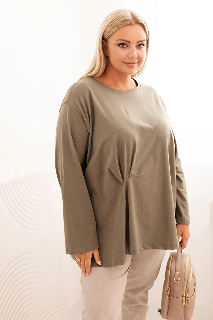 Bluzka damska plus size z bawełną z długim rękawem i marszczeniem khaki - obrazek 2