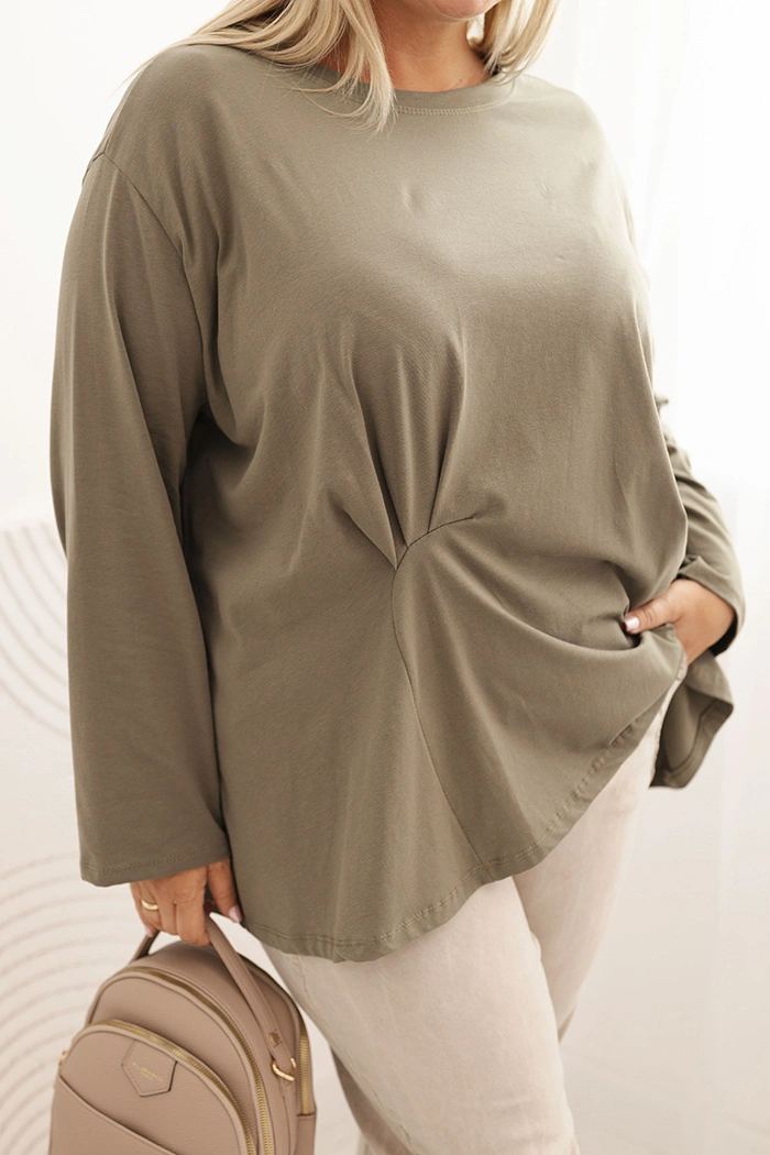 Bluzka damska plus size z bawełną z długim rękawem i marszczeniem khaki - obrazek 3
