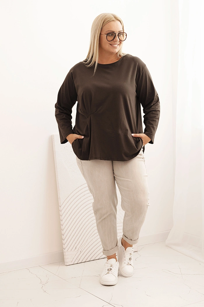 Bluzka damska plus size z bawełną z długim rękawem i marszczeniem brązowa - obrazek 2