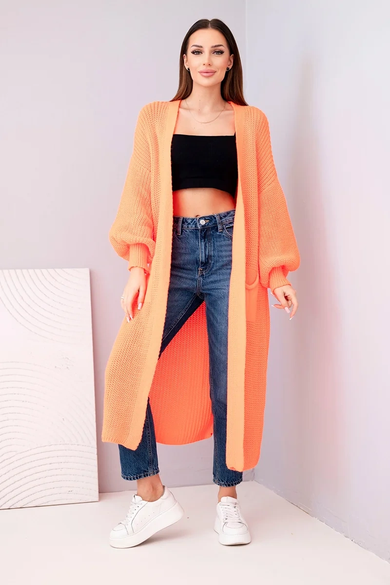 Sweter długi kardigan pomarańczowy neon - obrazek 2