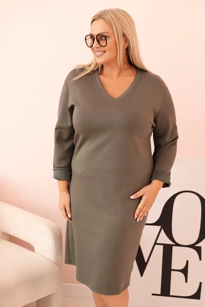 Sukienka damska Plus Size masełkowa z dekoltem V i rękawem khaki