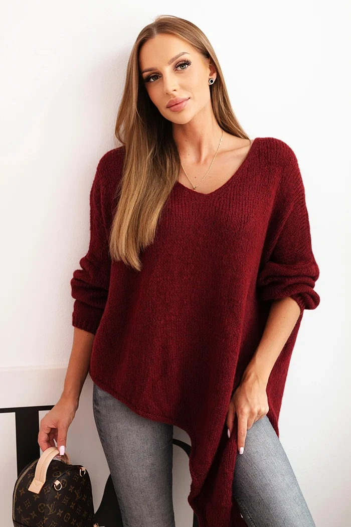 Sweter damski wełniany asymetryczny Plus Size z dekoltem V bordowy