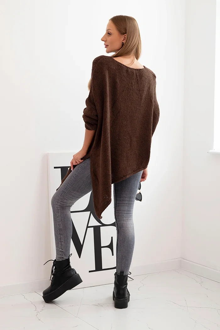 Sweter damski wełniany asymetryczny Plus Size z dekoltem V brązowy - obrazek 3