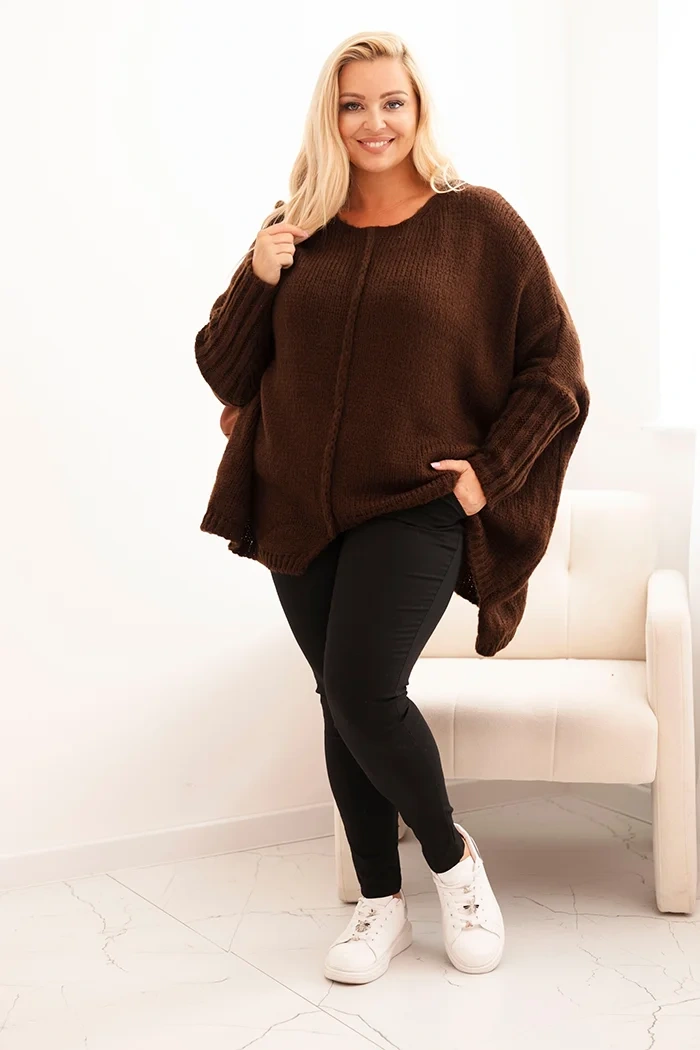 Sweter damska Plus Size z akrylem o luźnym kroju i rękawem 3/4 brązowy - obrazek 2
