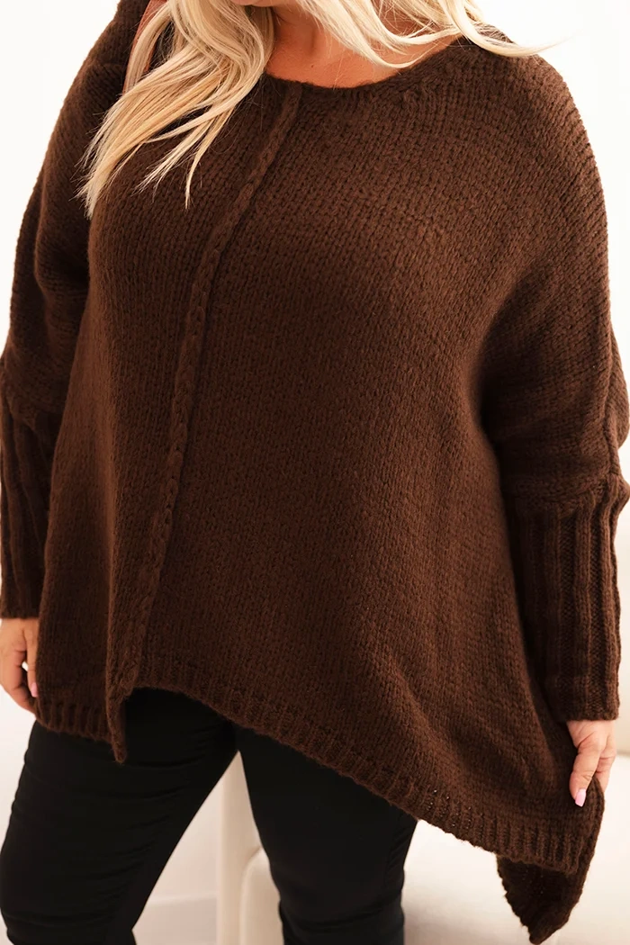 Sweter damska Plus Size z akrylem o luźnym kroju i rękawem 3/4 brązowy - obrazek 4