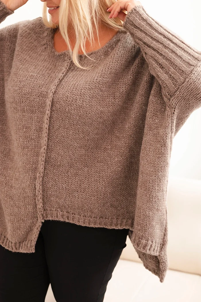 Sweter damska Plus Size z akrylem o luźnym kroju i rękawem 3/4 fango - obrazek 4
