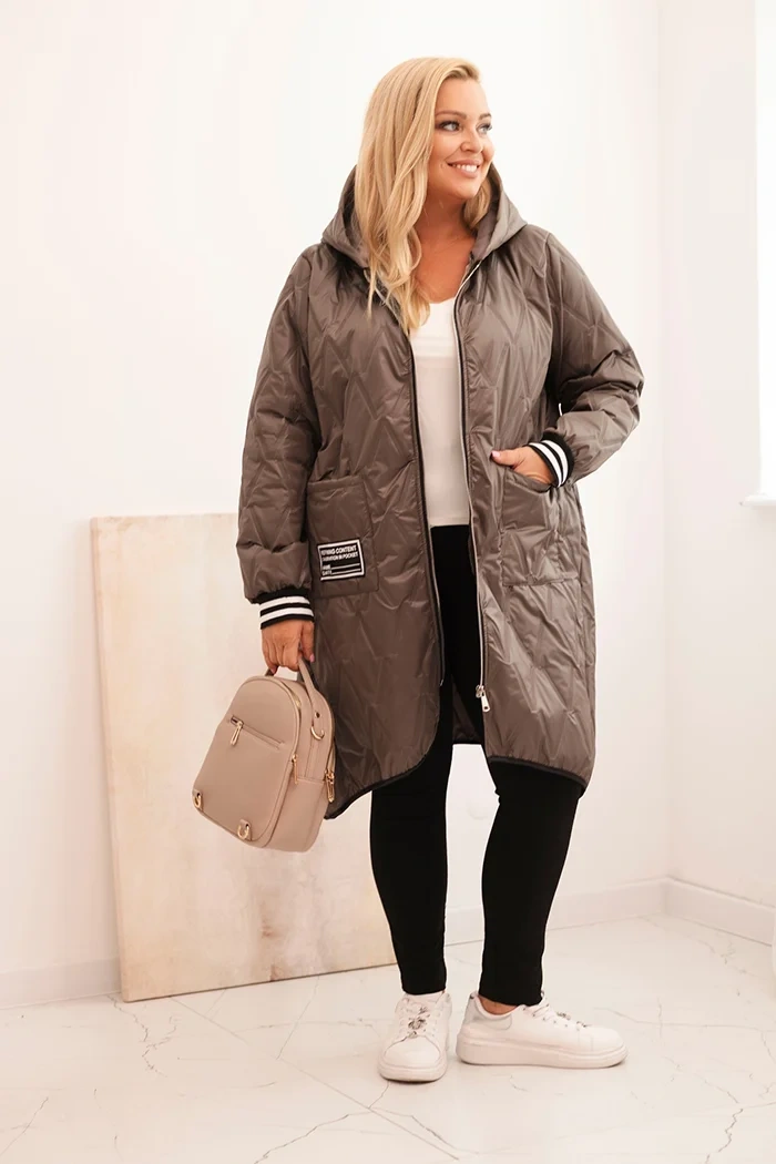 Kurtka damska Plus Size pikowana z kapturem i sportowymi mankietami fango - obrazek 2