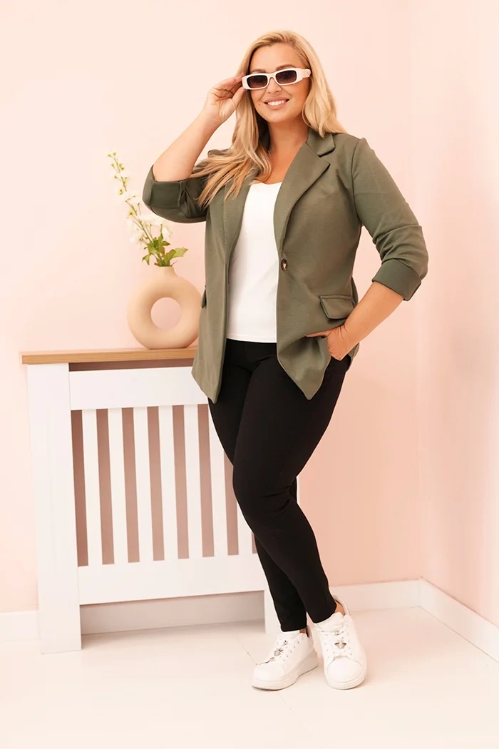 Marynarka damska z wiskozy Plus Size z długim rękawem i kołnierzem khaki - obrazek 2