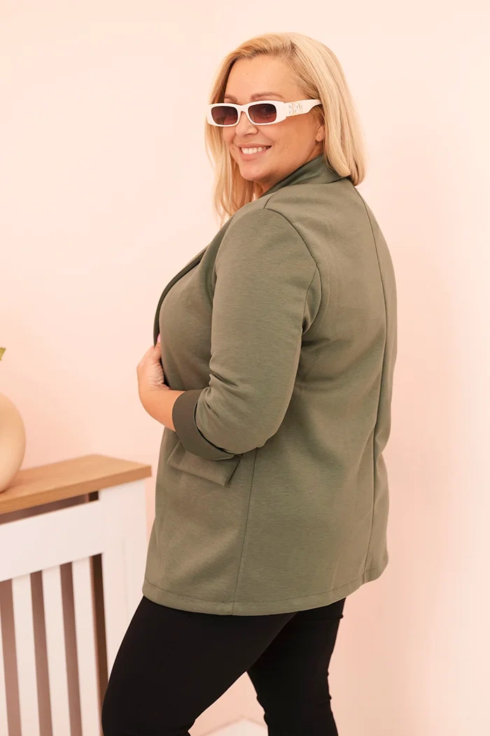 Marynarka damska z wiskozy Plus Size z długim rękawem i kołnierzem khaki - obrazek 3