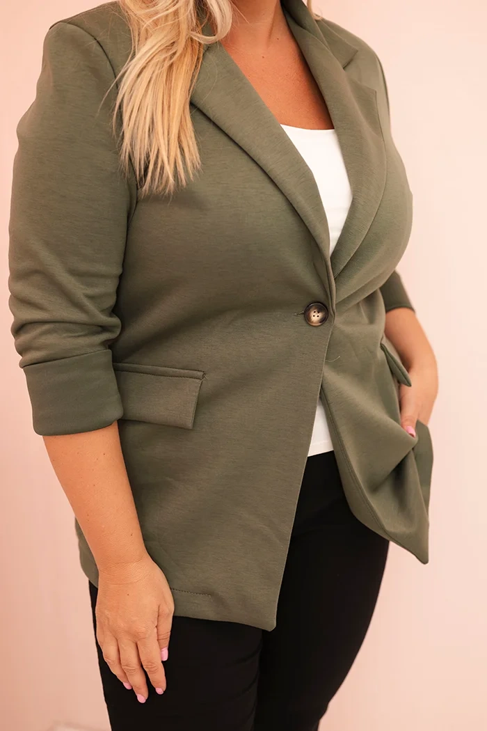 Marynarka damska z wiskozy Plus Size z długim rękawem i kołnierzem khaki - obrazek 4