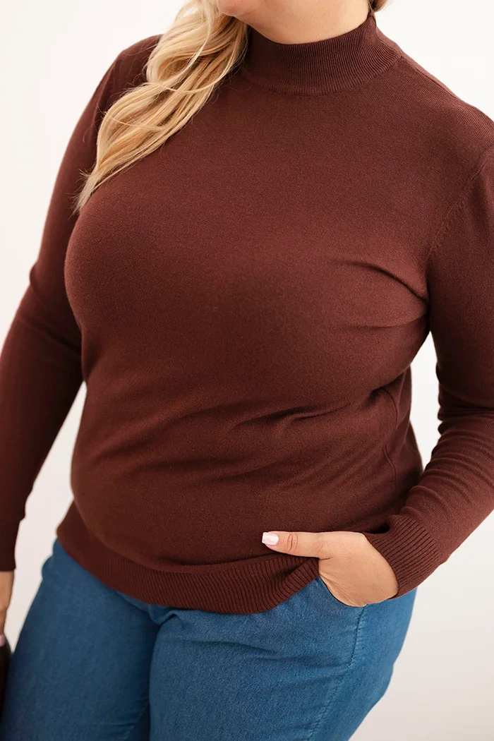 Sweter damski Plus Size z wiskozy z golfem brązowy - obrazek 4