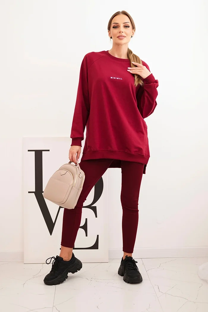 Komplet damski bawełniany bluza i legginsy z napisem Minimal bordowy - obrazek 2