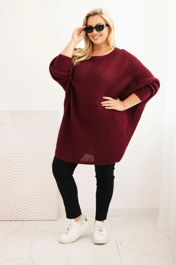 Sweter damski Plus Size z moherem ponczo bordowy - obrazek 2