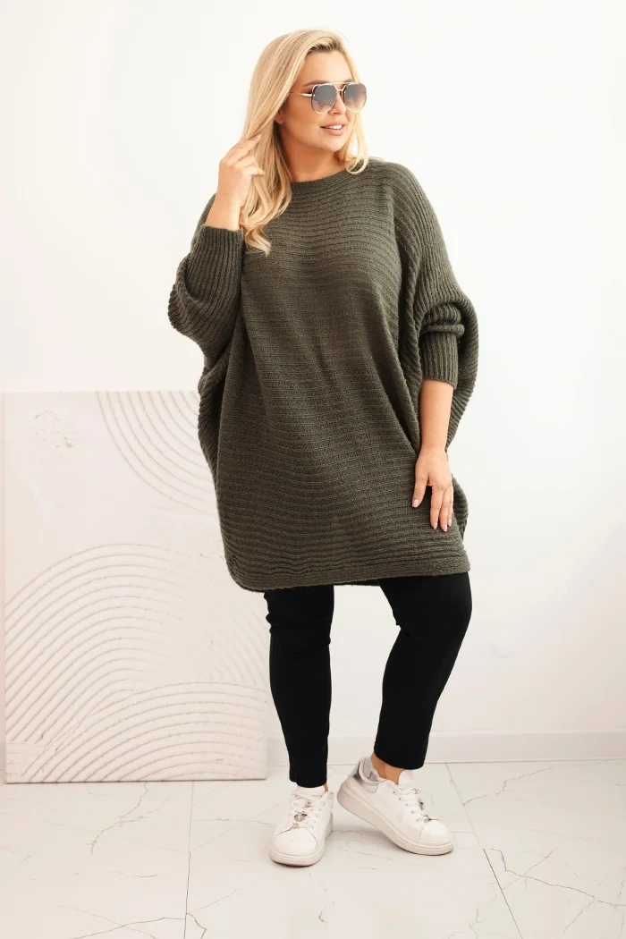Sweter damski Plus Size z moherem ponczo khaki - obrazek 2