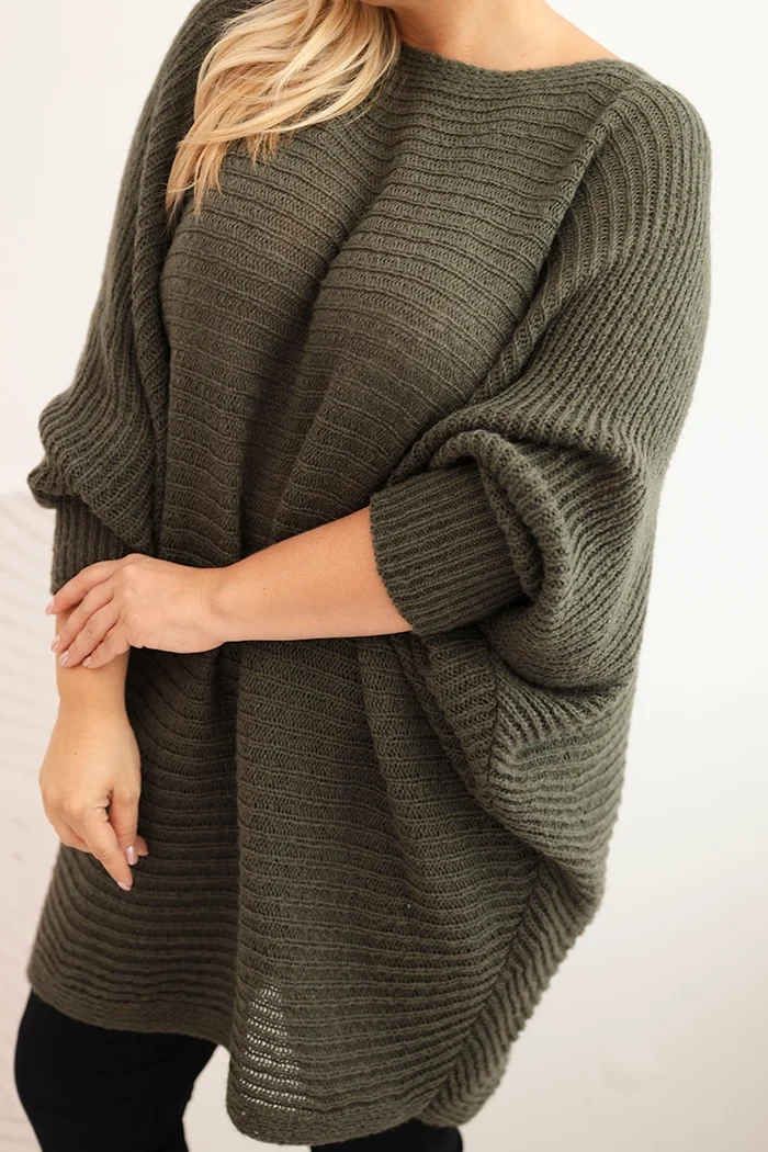 Sweter damski Plus Size z moherem ponczo khaki - obrazek 4