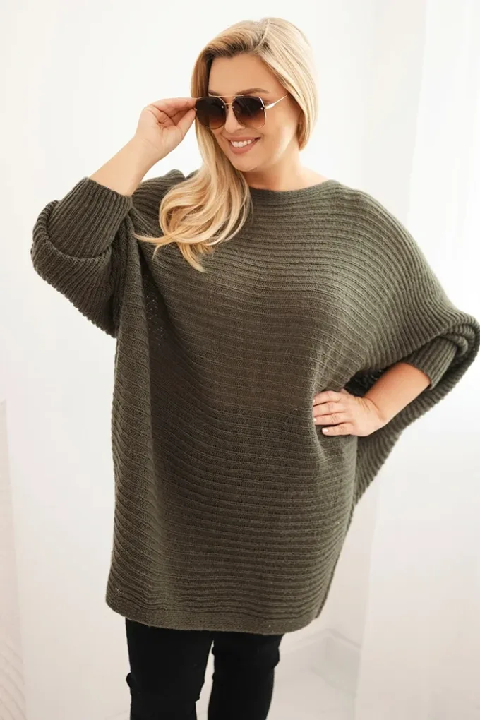 Sweter damski Plus Size z moherem ponczo khaki