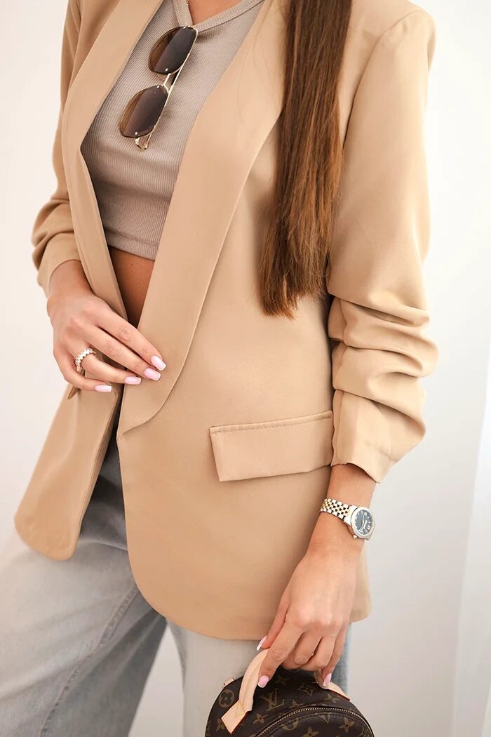 Marynarka z klapami elegancka camelowa - obrazek 4