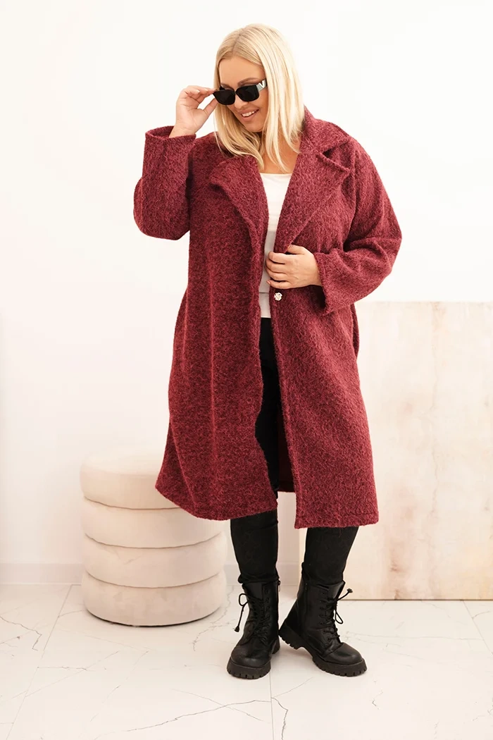 Płaszcz damski Plus Size z wełną i dużym kołnierzem bordowy - obrazek 2