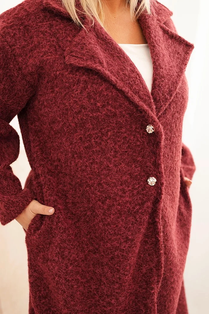 Płaszcz damski Plus Size z wełną i dużym kołnierzem bordowy - obrazek 4