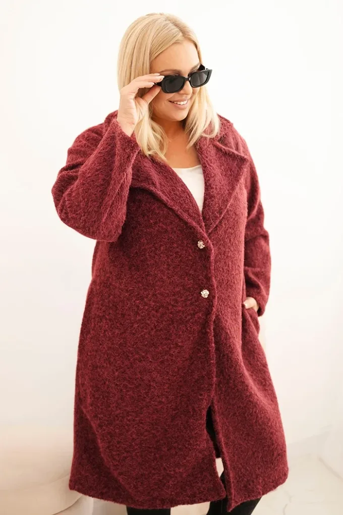 Płaszcz damski Plus Size z wełną i dużym kołnierzem bordowy