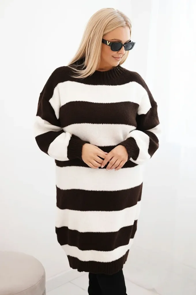 Sukienka damska swetrowa Plus Size w pasy brązowa