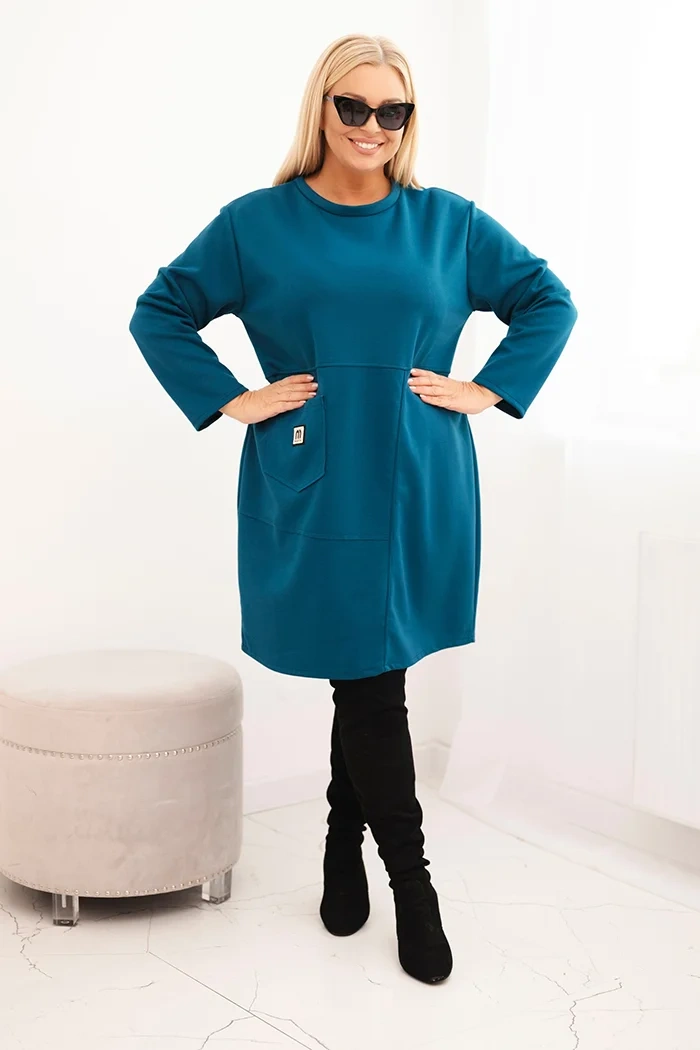 Sukienka damska Plus Size masełko z kieszenią i rękawem 3/4 morska - obrazek 2