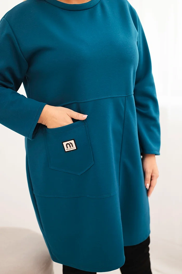 Sukienka damska Plus Size masełko z kieszenią i rękawem 3/4 morska - obrazek 4