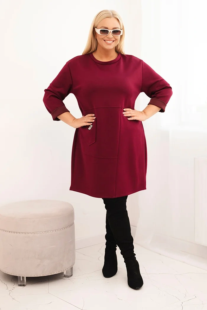 Sukienka damska Plus Size masełko z kieszenią i rękawem 3/4 śliwkowa - obrazek 2