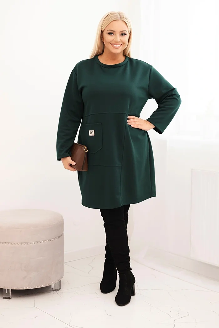 Sukienka damska Plus Size masełko z kieszenią i rękawem 3/4 ciemno zielona - obrazek 2