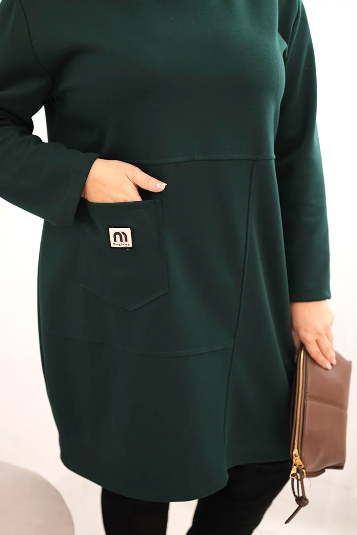Sukienka damska Plus Size masełko z kieszenią i rękawem 3/4 ciemno zielona - obrazek 4