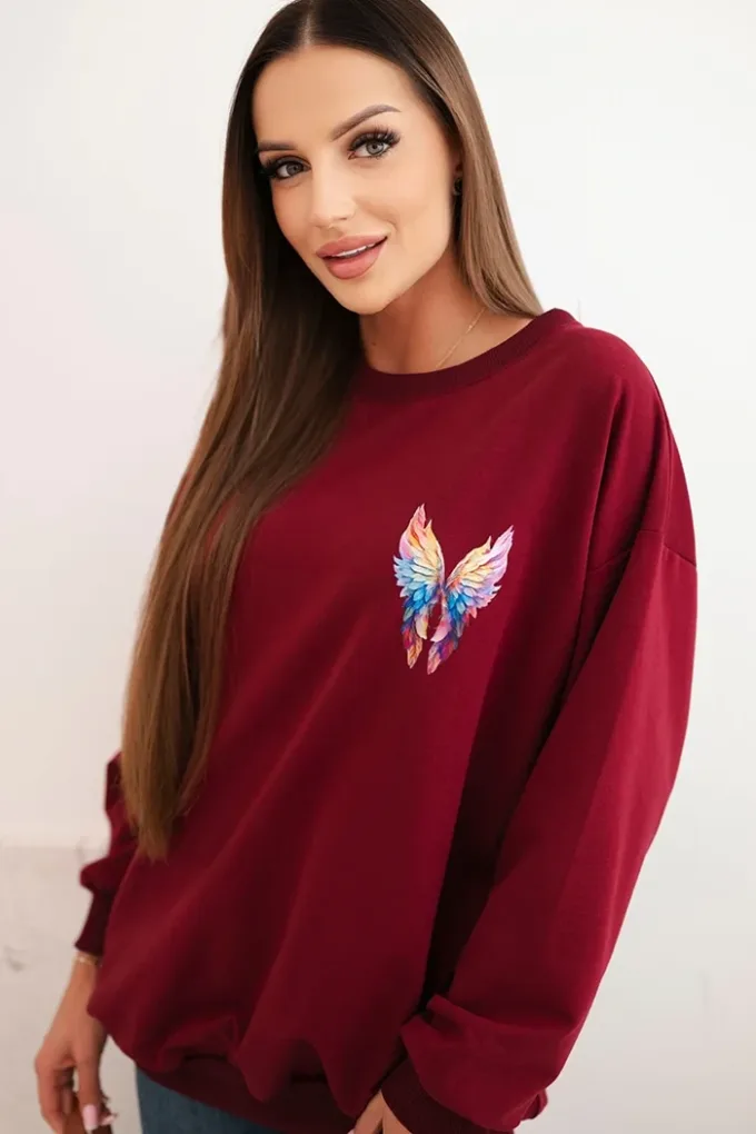 Bluza damska oversize z bawełny z kolorowymi skrzydłami na plecach bordowa