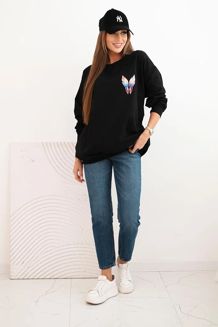 Bluza damska oversize z bawełny z kolorowymi skrzydłami na plecach czarna - obrazek 3