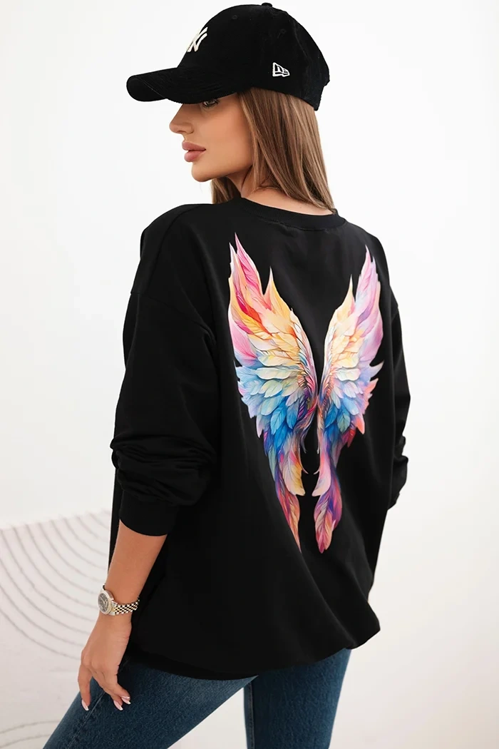 Bluza damska oversize z bawełny z kolorowymi skrzydłami na plecach czarna - obrazek 2