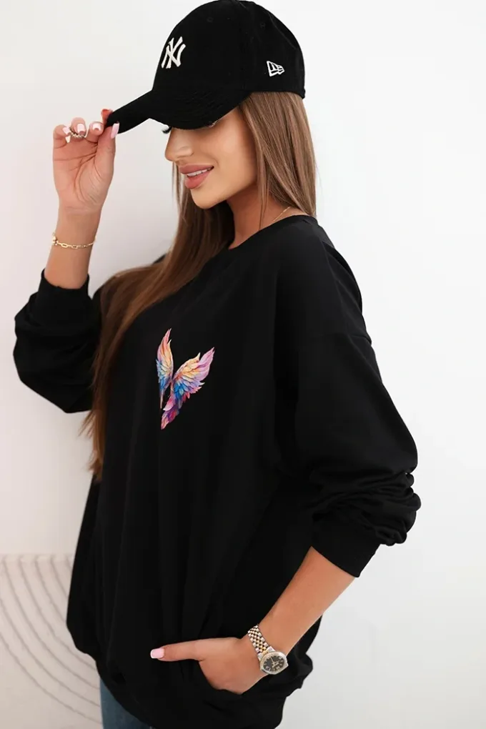 Bluza damska oversize z bawełny z kolorowymi skrzydłami na plecach czarna