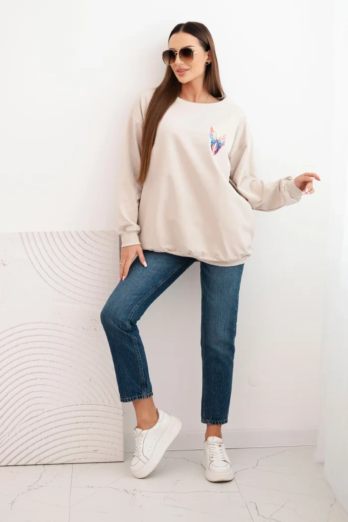 Bluza damska oversize z bawełny z kolorowymi skrzydłami na plecach beżowa - obrazek 3