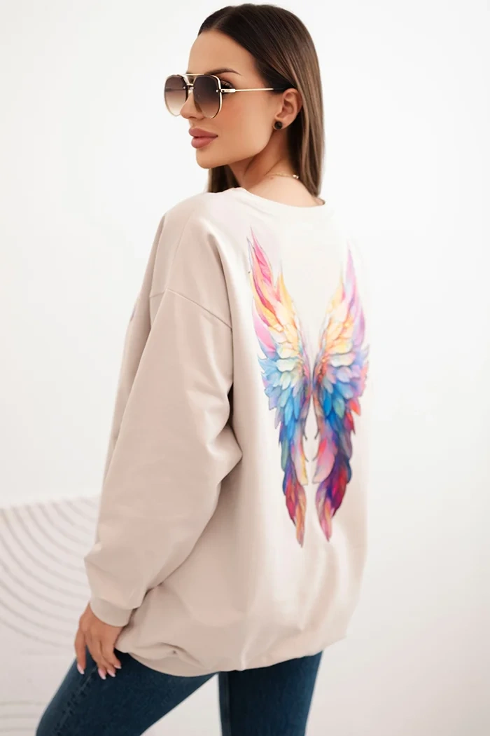 Bluza damska oversize z bawełny z kolorowymi skrzydłami na plecach beżowa - obrazek 2