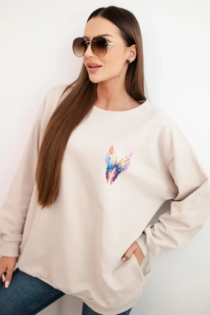 Bluza damska oversize z bawełny z kolorowymi skrzydłami na plecach beżowa