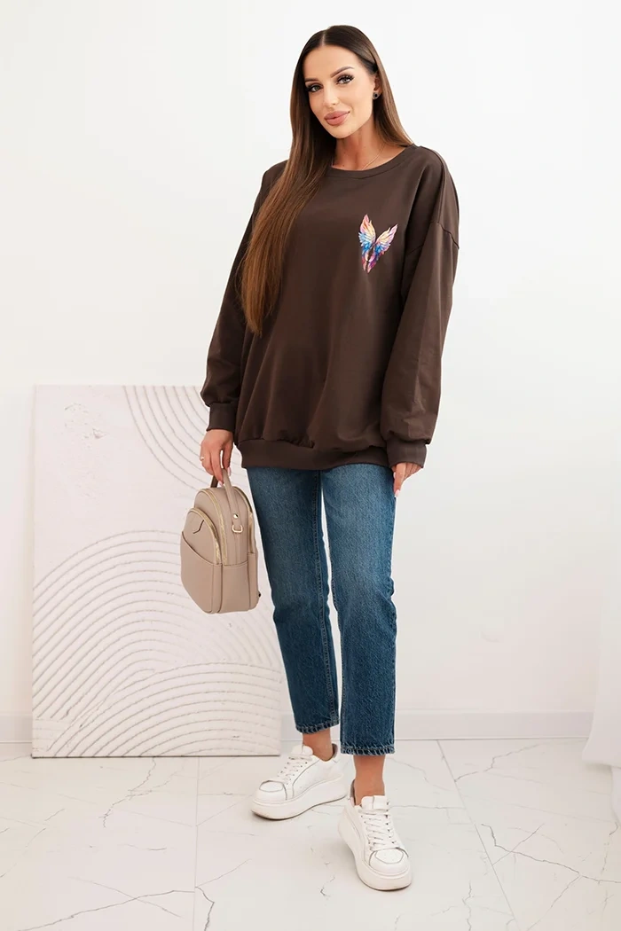Bluza damska oversize z bawełny z kolorowymi skrzydłami na plecach brązowa - obrazek 3