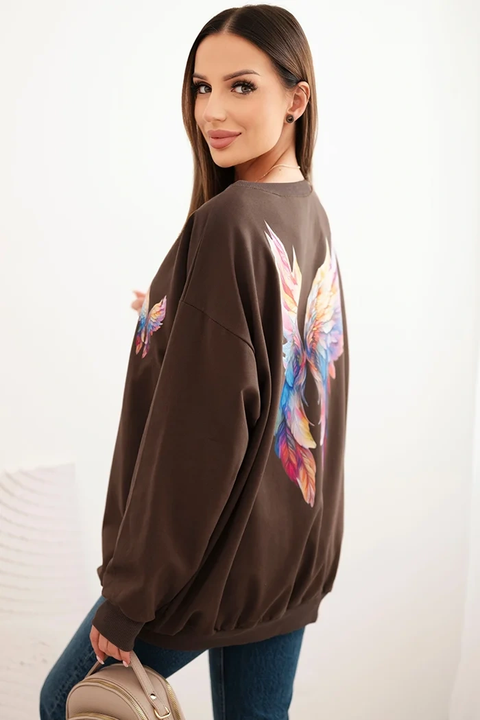 Bluza damska oversize z bawełny z kolorowymi skrzydłami na plecach brązowa - obrazek 2