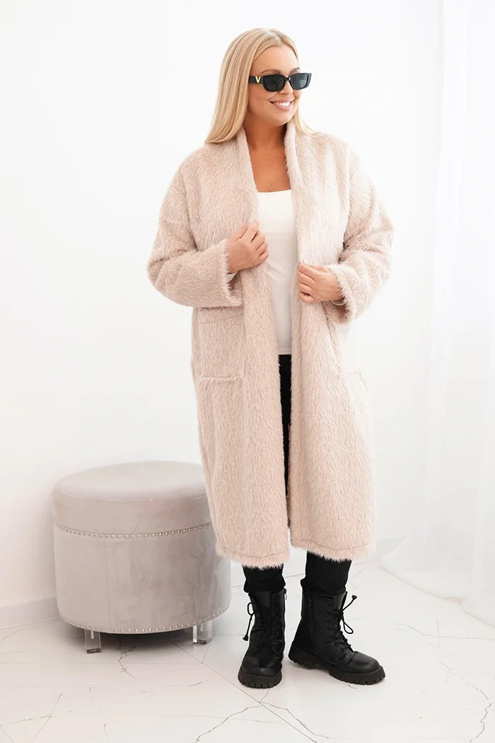Płaszcz damski Plus Size z wiskozy bez zapięcia z kieszeniami beżowy - obrazek 2
